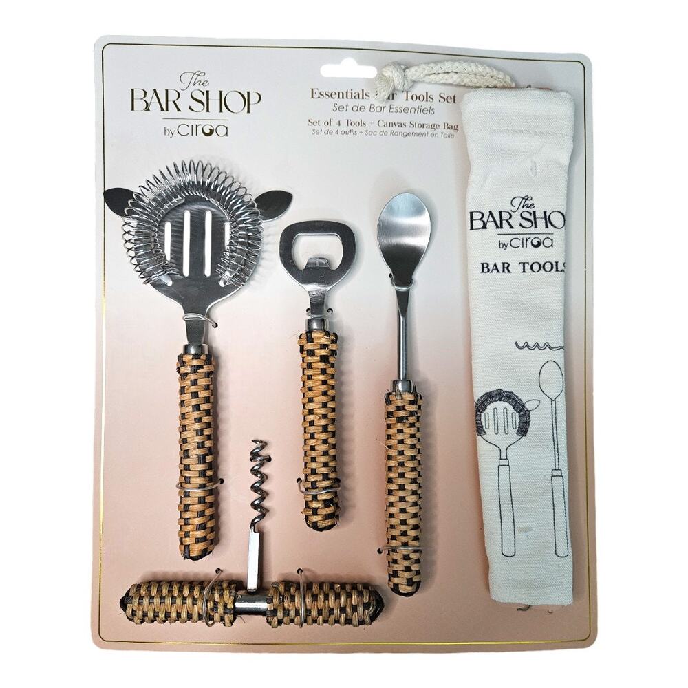 NEW The Bar Shop by Ciroa Essentials Bar Tools Set in Rattan Wicker